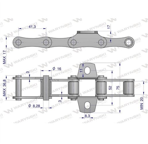 Łańcuch podajnika ziarnowego nkpl. 38 łopatek L 6.4 mb zastosowanie Bizon Waryński 504020023