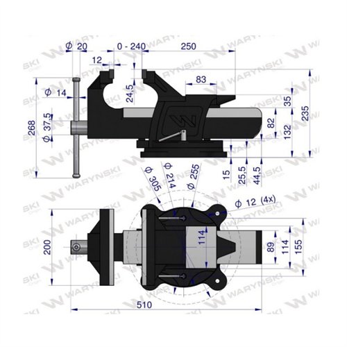 Imadło ślusarskie przemysłowe z żeliwa sferoidalnego obrotowe 200 mm Waryński