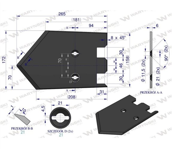 Lemiesz 172 mm, listwowy prawy szerokość wyorywania 580, zastosowanie Grimme, Waryński