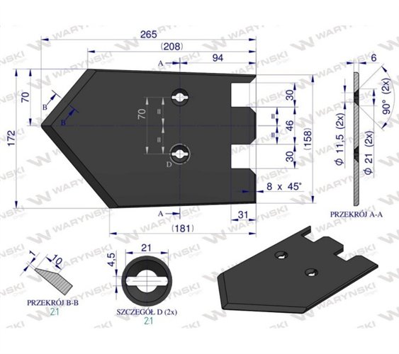 Lemiesz 172 mm, listwowy lewy szerokość wyorywania 580, zastosowanie Grimme, Waryński