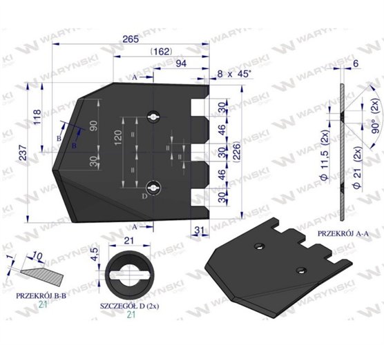 Lemiesz 237 mm, listwowy prawy szerokość wyorywania 540, zastosowanie Grimme, Waryński