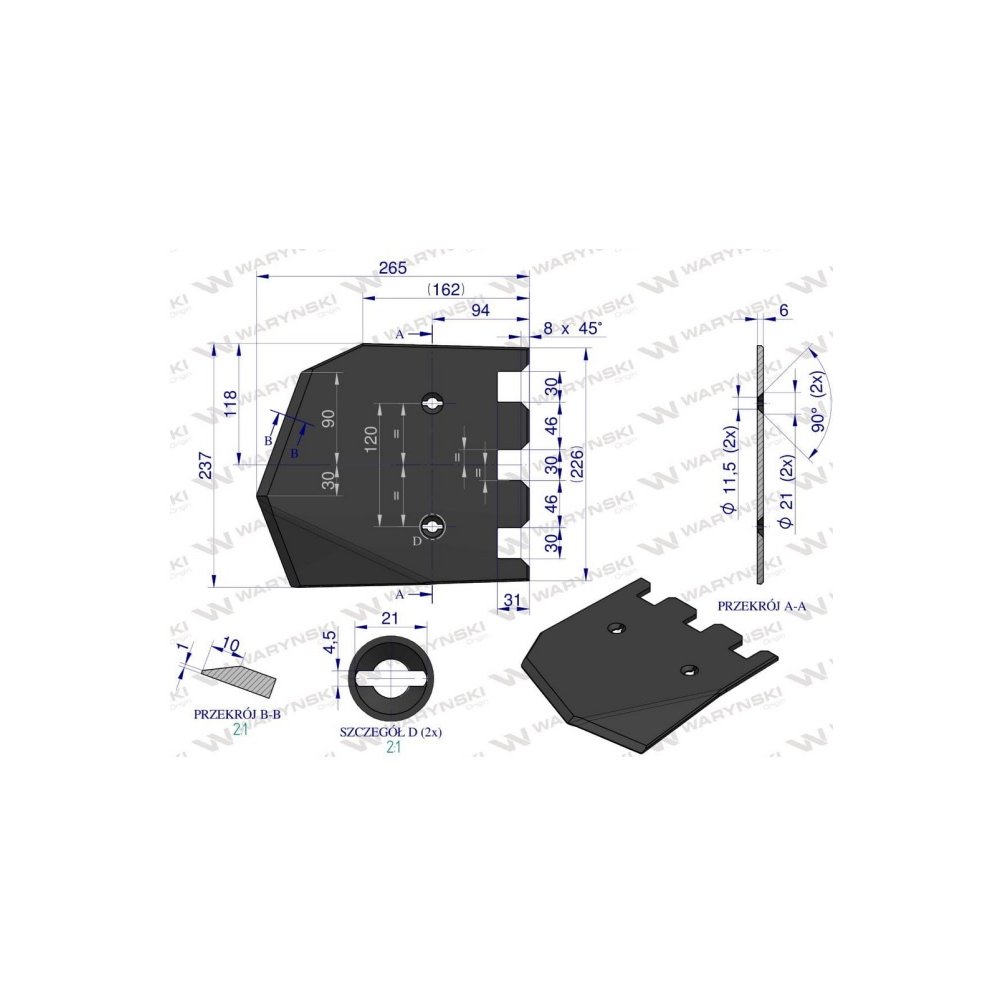 Lemiesz 237 mm, listwowy prawy szerokość wyorywania 540, zastosowanie Grimme, Waryński