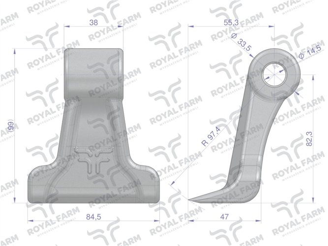 Bijak, młotkowy mulczarka zastosowanie Unia Kornik L otwór 14 mm , Royal Farm (sprzedawane po 5)