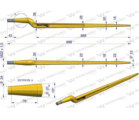 Ząb ładowacza uniwersalny Z L- 880 mm na tuleję od zębów prostych Tur WARYŃSKI