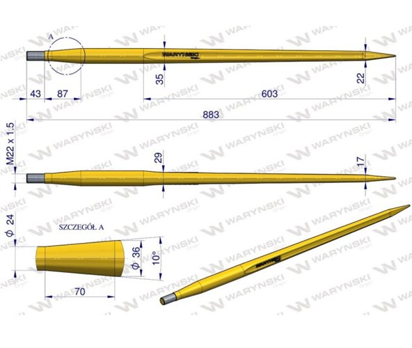 Ząb ładowacza uniwersalny prosty L- 880 mm na tuleję od zębów prostych Tur WARYŃSKI