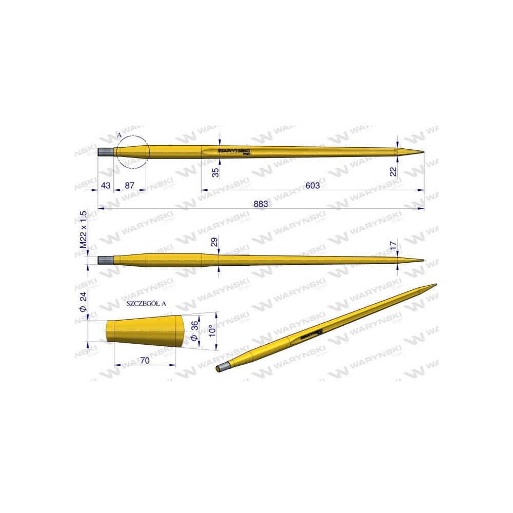 Ząb ładowacza uniwersalny prosty L- 880 mm na tuleję od zębów prostych Tur WARYŃSKI