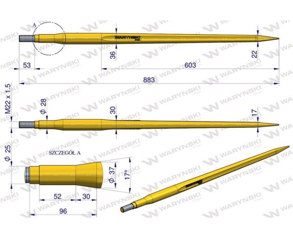 Ząb ładowacza uniwersalny prosty L- 880 mm na tuleję od zębów Z Tur WARYŃSKI