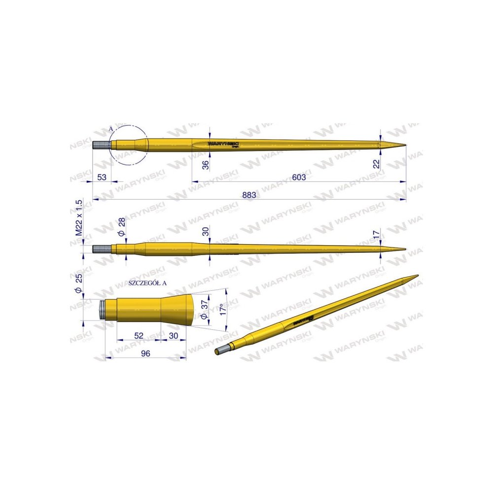 Ząb ładowacza uniwersalny prosty L- 880 mm na tuleję od zębów Z Tur WARYŃSKI