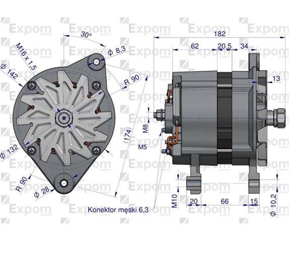 Alternator 14V. 95A. Zetor Forterra 16359975. 9515713 EXPOM KWIDZYN eu