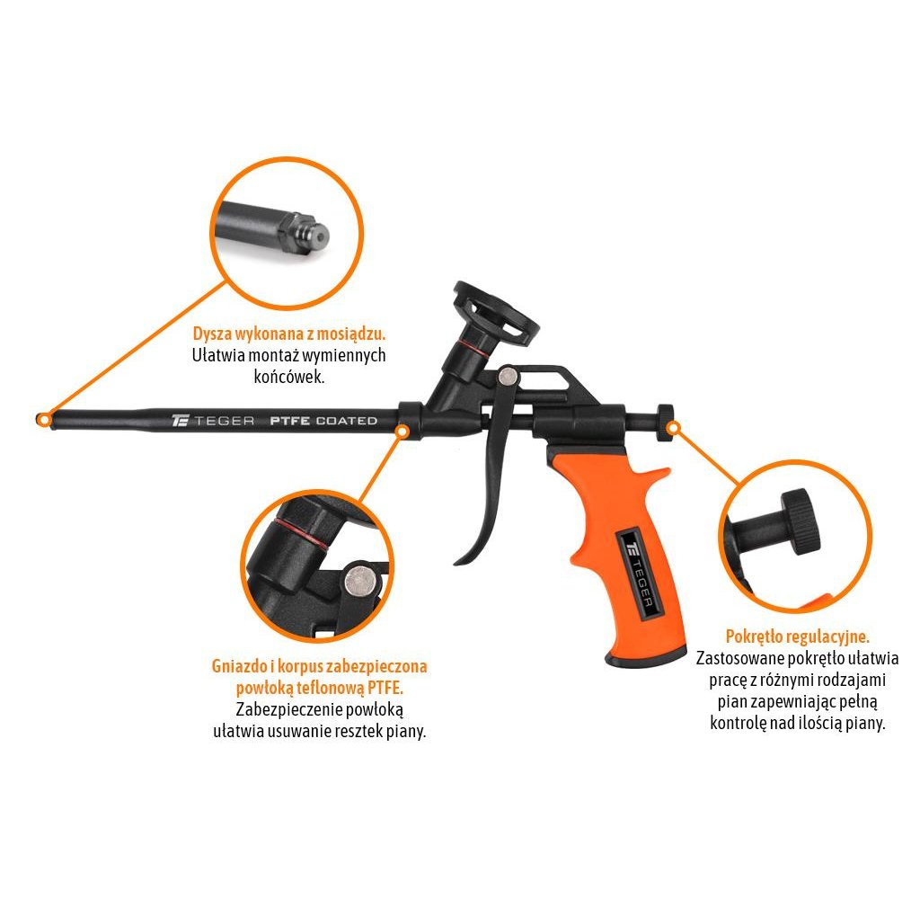 Pistolet do piany poliuretanowej - teflonowy 8"/200mm / TEGER