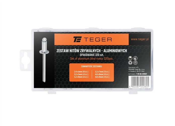 Zestaw nitów zrywalnych, aluminiowych / 320 szt., Teger