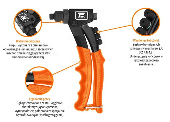 Nitownica ręczna do nitów zrywalnych PROFESSIONAL 8.5"/215mm (do nitów stalowych i aluminiowych) / TEGER