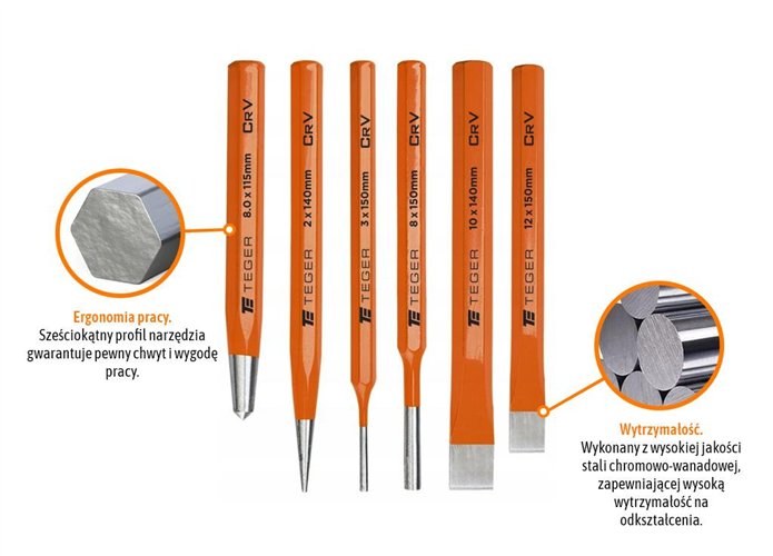 Zestaw przecinaków punktaków i wybijaków ślusarskich, 6 szt, Teger