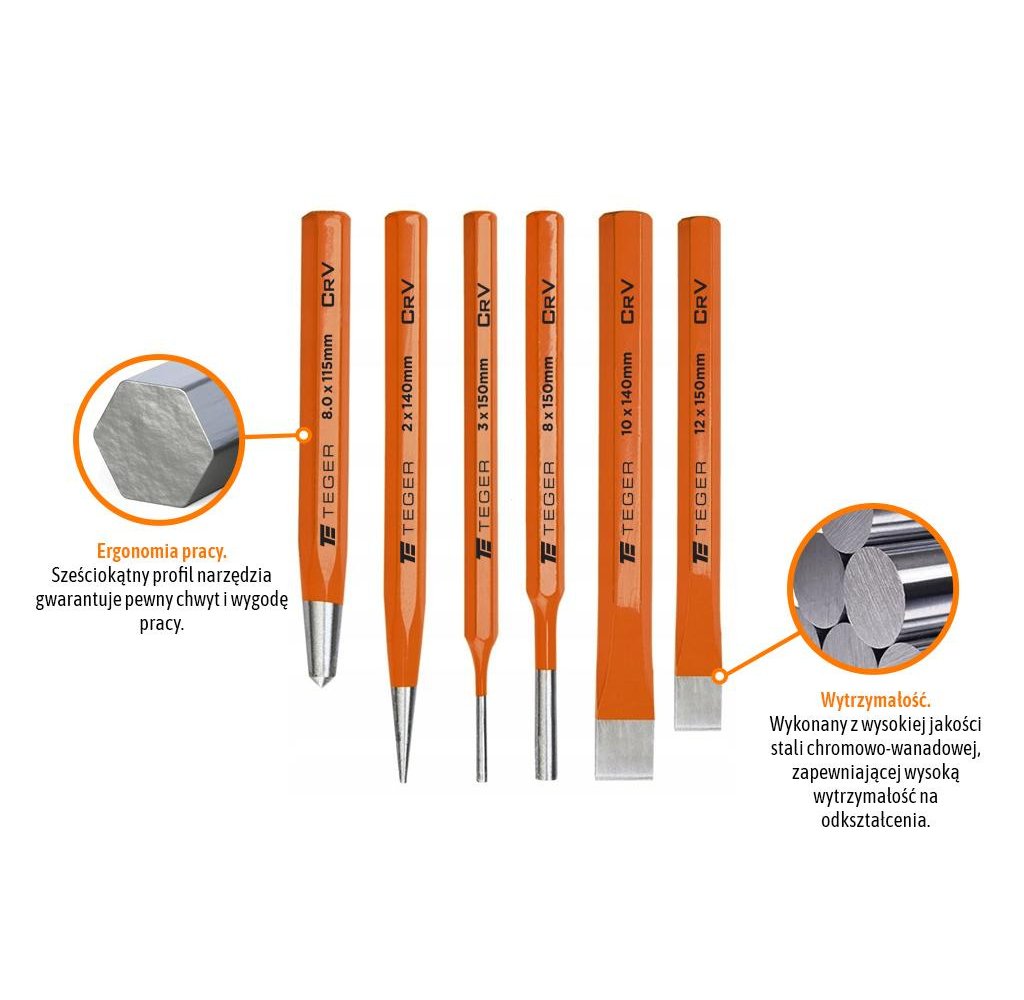 Zestaw przecinaków punktaków i wybijaków ślusarskich, 6 szt, Teger