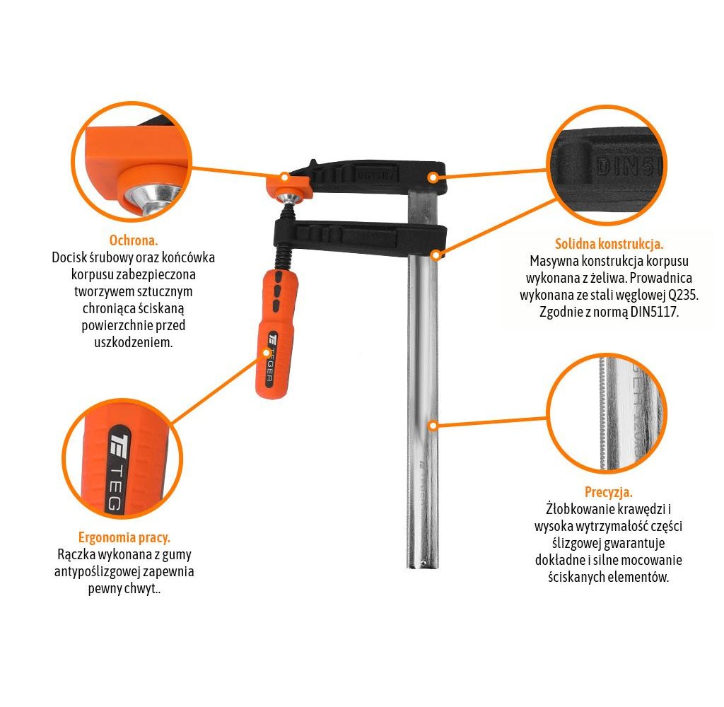 Ścisk stolarski śrubowy, TYP F 120x300 mm, Teger