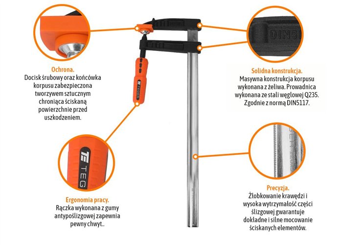 Ścisk stolarski śrubowy, TYP F 120x500 mm, Teger