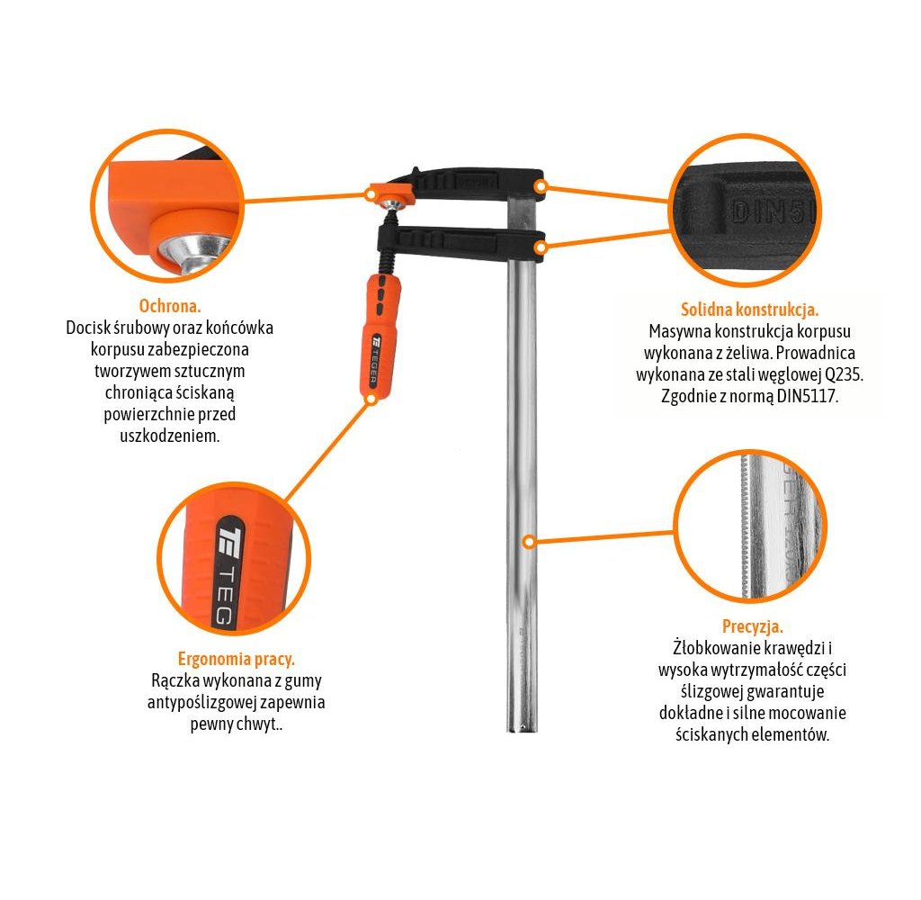 Ścisk stolarski śrubowy, TYP F 120x500 mm, Teger