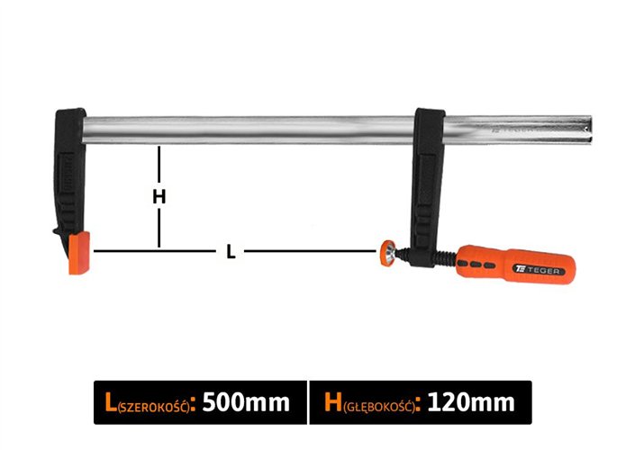 Ścisk stolarski śrubowy, TYP F 120x500 mm, Teger