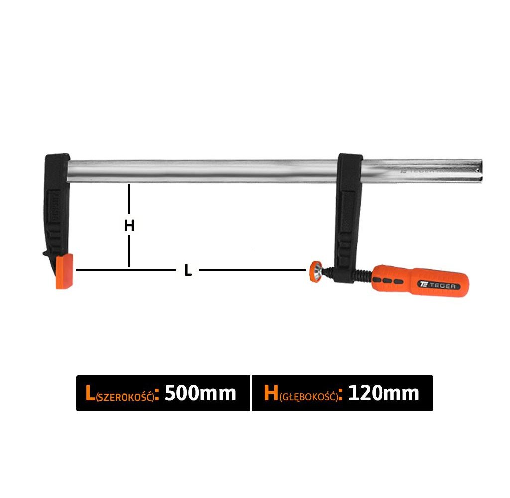 Ścisk stolarski śrubowy, TYP F 120x500 mm, Teger