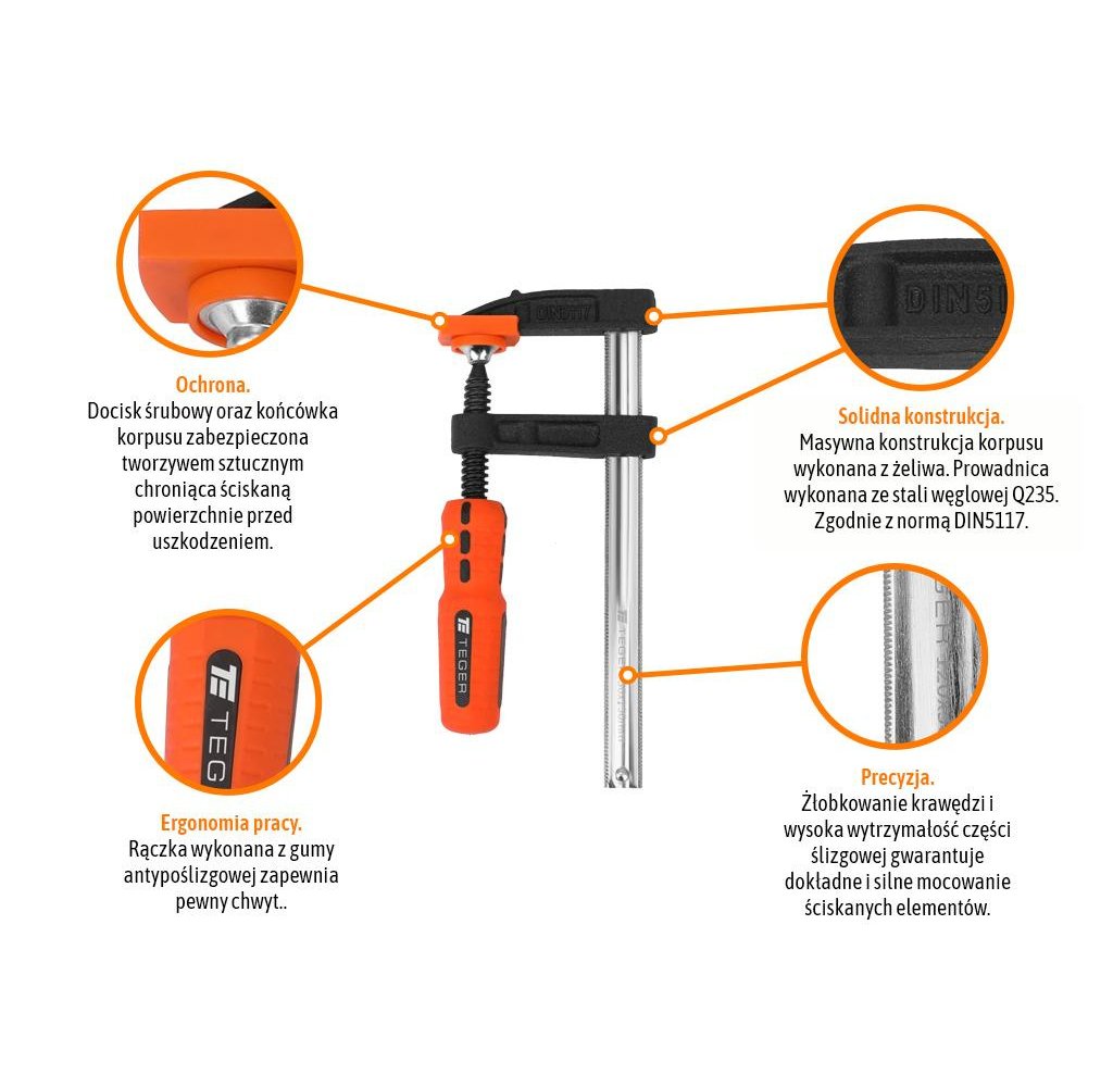 Ścisk stolarski śrubowy, TYP F 50x150 mm, Teger