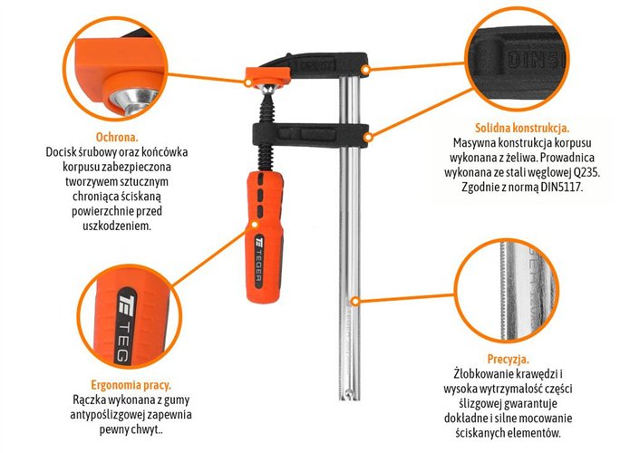 Ścisk stolarski śrubowy, TYP F 50x200 mm, Teger