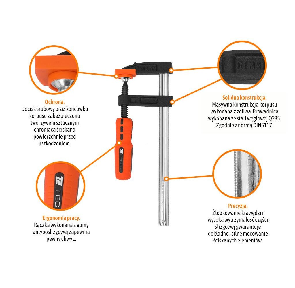 Ścisk stolarski śrubowy, TYP F 50x200 mm, Teger