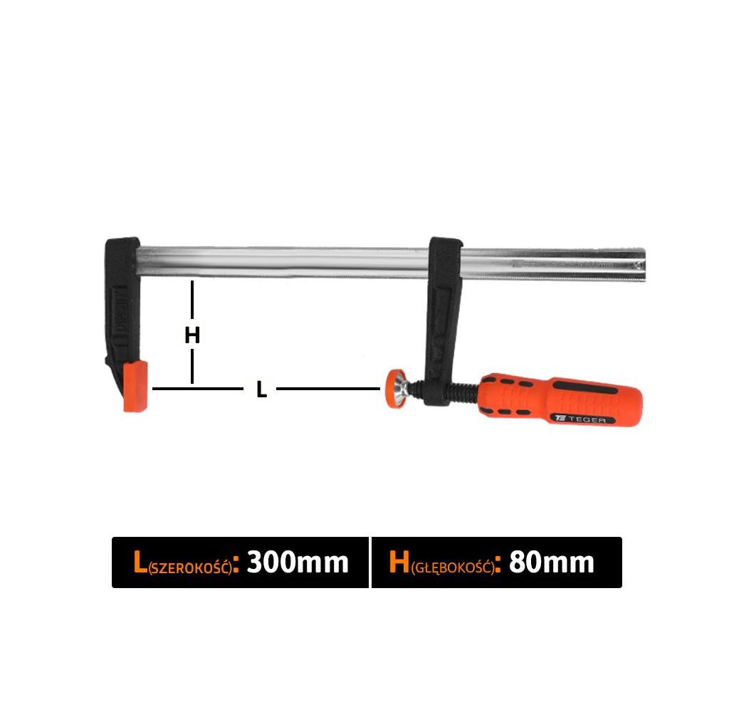 Ścisk stolarski śrubowy, TYP F 80x300 mm, Teger