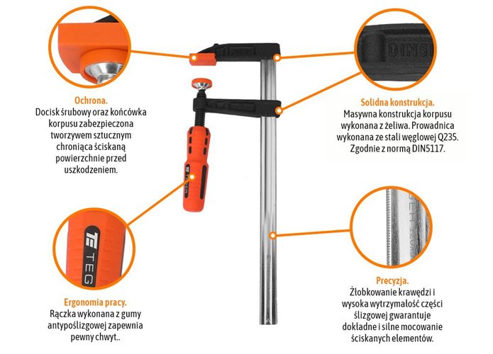 Ścisk stolarski śrubowy, TYP F 80x300 mm, Teger