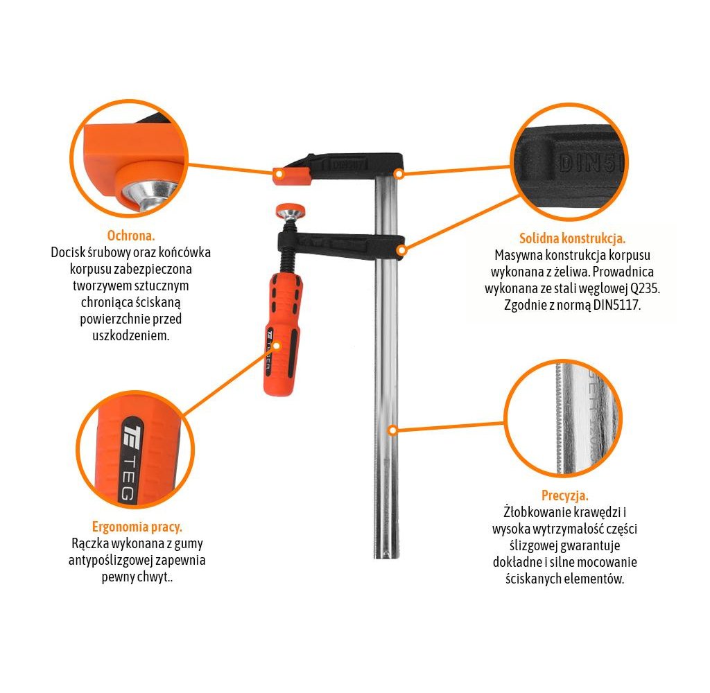 Ścisk stolarski śrubowy, TYP F 80x300 mm, Teger