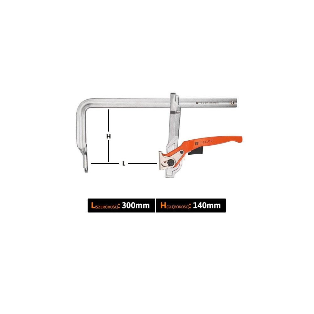 Ścisk ślusarski dzwigniowy, szybkomocujący 140x300 mm, Teger