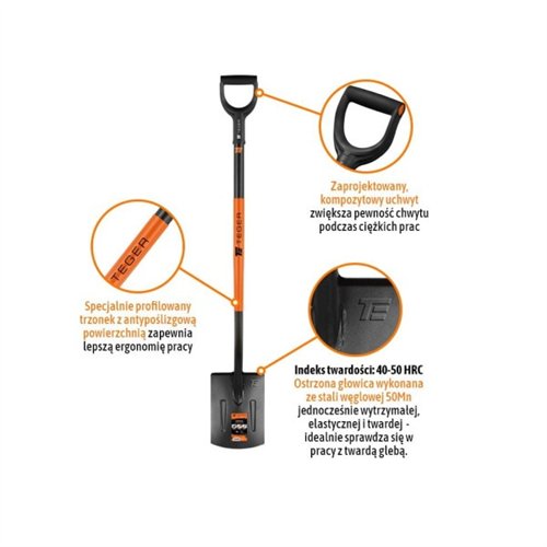 Szpadel prosty na metalowym trzonku, (dł. 1250 mm), Teger