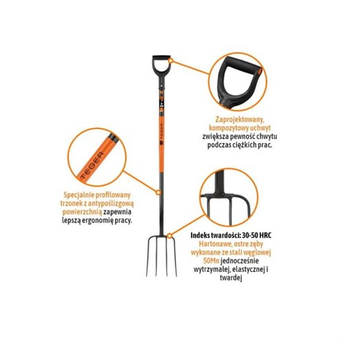 Widły gospodarcze 4-zębne na metalowym trzonku - Extra Long, (dł. 1600 mm), Teger