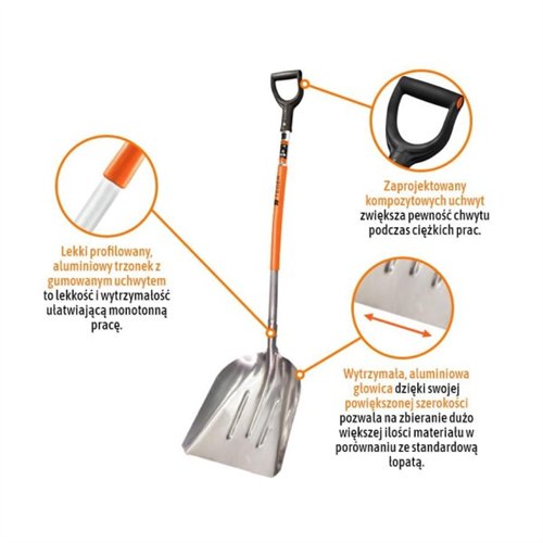Łopata aluminiowa gospodarcza - uniwersalna - szeroka, (368/483/1380mmm), Teger