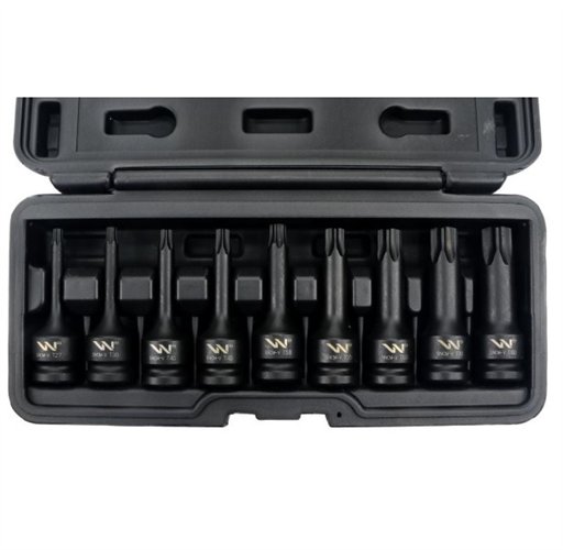 Zestaw nasadek udarowych, 1/2 typu STAR TORX 9 el. ze stali CrMo, do prac w mechanice, Waryński
