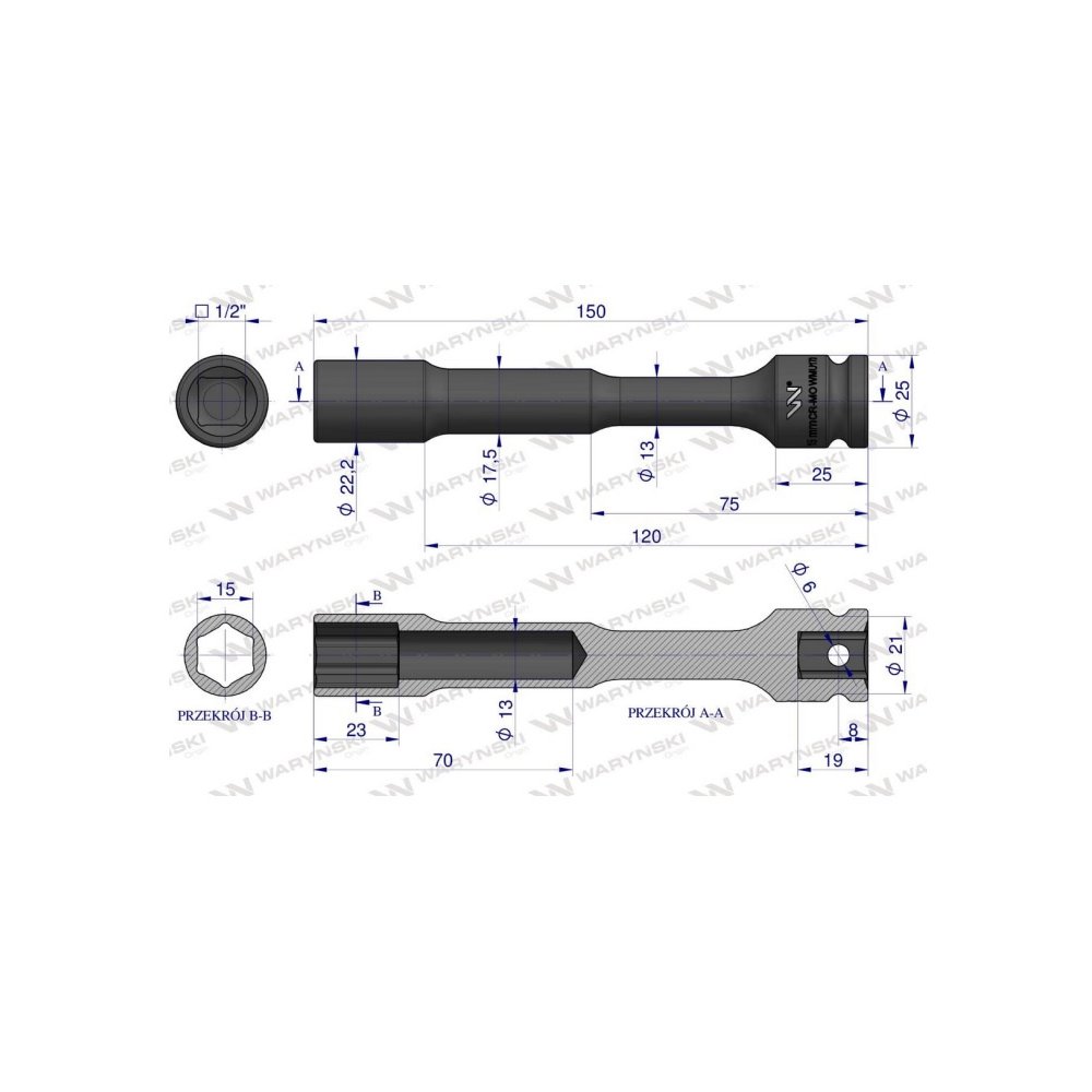 Nasadka udarowa 1/2", sześciokątna slim przelotowa ze stali CrMo 15mm długość 150 mm, stosowane w mechanice do kluczy udarowych,