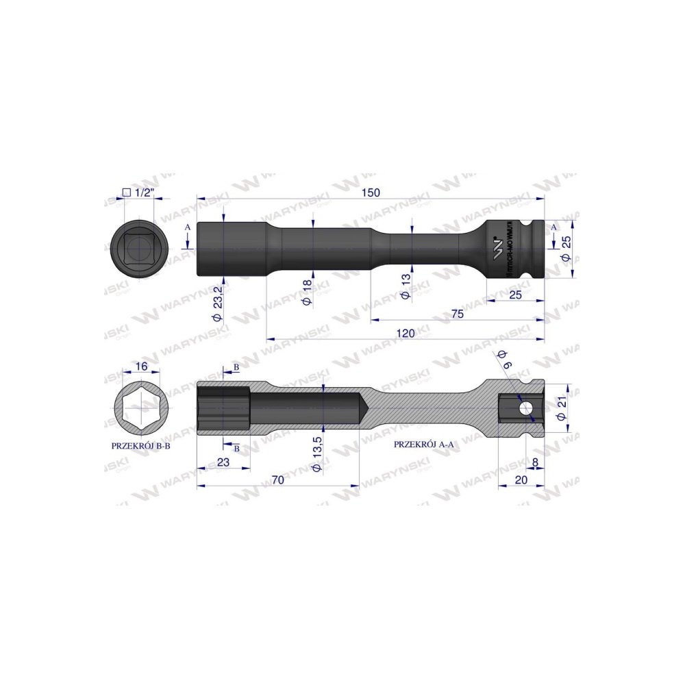 Nasadka udarowa 1/2", sześciokątna slim przelotowa ze stali CrMo 16mm długość 150 mm, stosowane w mechanice do kluczy udarowych,