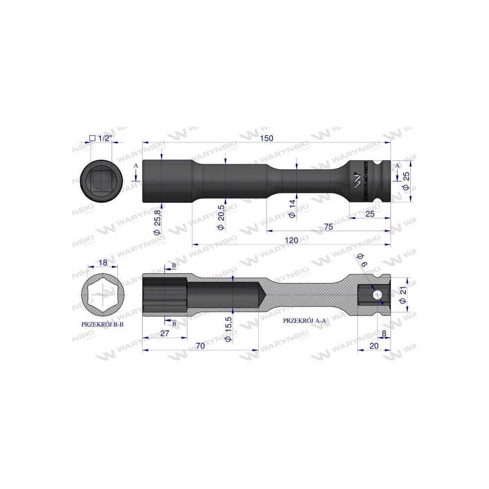 Nasadka udarowa 1/2", sześciokątna slim przelotowa ze stali CrMo 18mm długość 150 mm, stosowane w mechanice do kluczy udarowych,