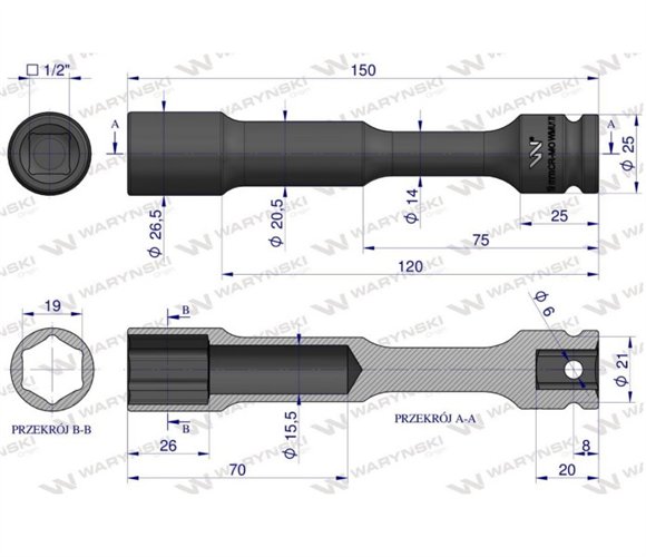 Nasadka udarowa 1/2", sześciokątna slim przelotowa ze stali CrMo 19mm długość 150 mm, stosowane w mechanice do kluczy udarowych,