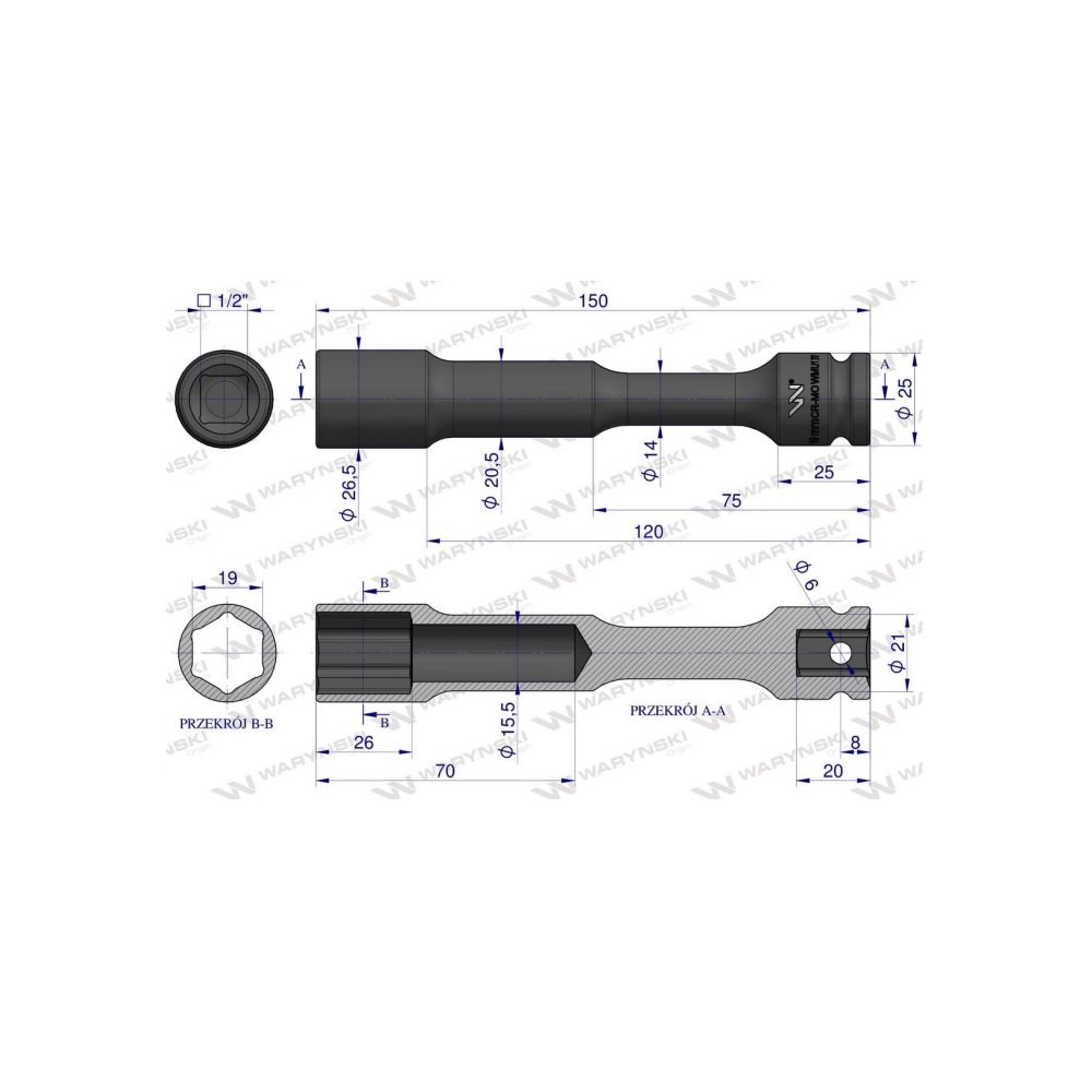 Nasadka udarowa 1/2", sześciokątna slim przelotowa ze stali CrMo 19mm długość 150 mm, stosowane w mechanice do kluczy udarowych,