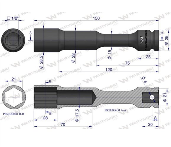 Nasadka udarowa 1/2", sześciokątna slim przelotowa ze stali CrMo 21mm długość 150 mm, stosowane w mechanice do kluczy udarowych,