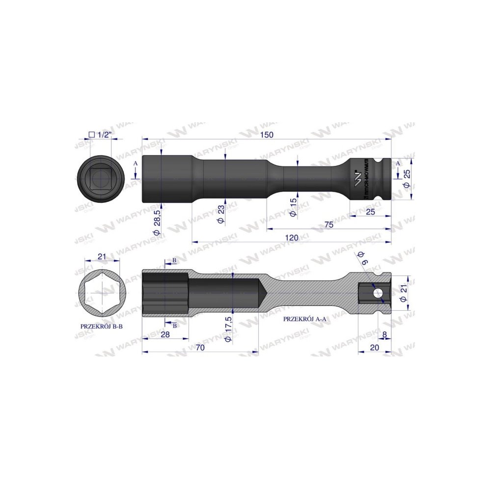 Nasadka udarowa 1/2", sześciokątna slim przelotowa ze stali CrMo 21mm długość 150 mm, stosowane w mechanice do kluczy udarowych,