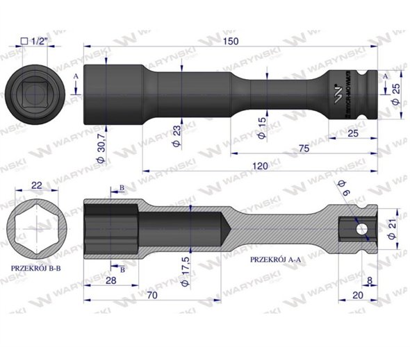 Nasadka udarowa 1/2", sześciokątna slim przelotowa ze stali CrMo 22mm długość 150 mm, stosowane w mechanice do kluczy udarowych,