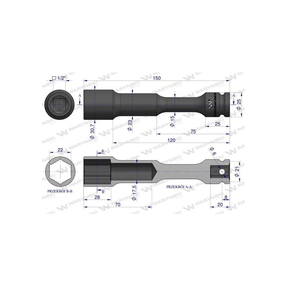 Nasadka udarowa 1/2", sześciokątna slim przelotowa ze stali CrMo 22mm długość 150 mm, stosowane w mechanice do kluczy udarowych,