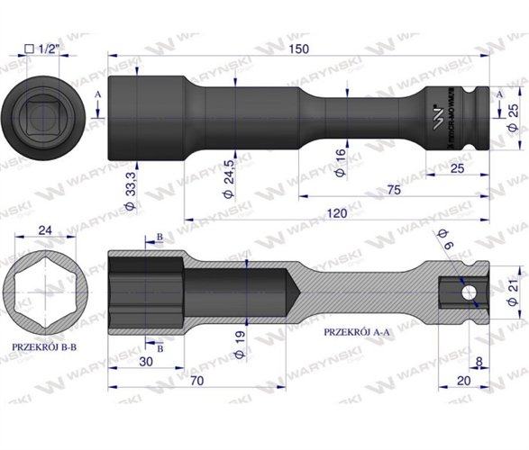 Nasadka udarowa 1/2", sześciokątna slim przelotowa ze stali CrMo 24mm długość 150 mm, stosowane w mechanice do kluczy udarowych,