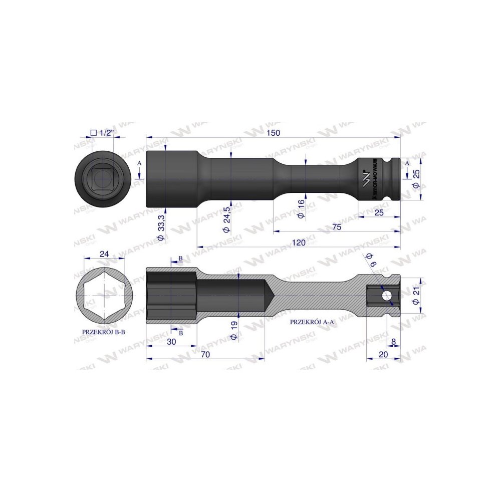 Nasadka udarowa 1/2", sześciokątna slim przelotowa ze stali CrMo 24mm długość 150 mm, stosowane w mechanice do kluczy udarowych,