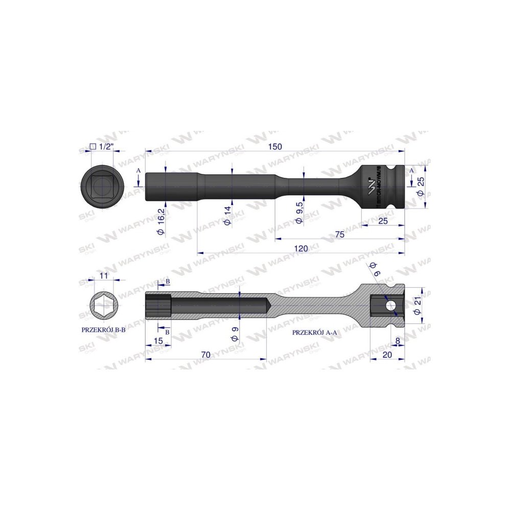 Nasadka udarowa 1/2", sześciokątna slim przelotowa ze stali CrMo 11mm długość 150 mm, stosowane w mechanice do kluczy udarowych,