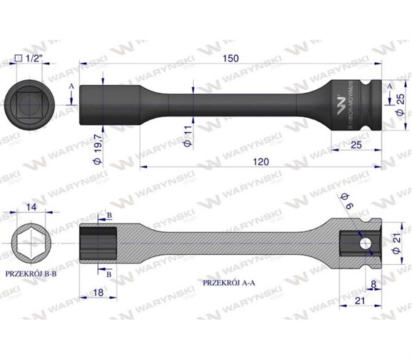 Nasadka udarowa 1/2", sześciokątna slim ze stali CrMo 14mm długość 150 mm, stosowane w mechanice do kluczy udarowych, Waryński