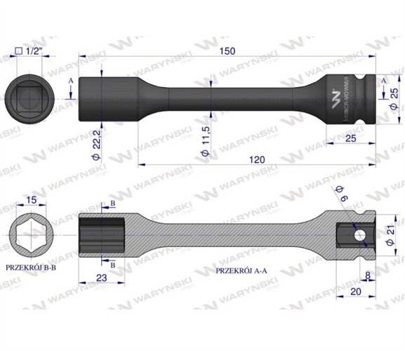 Nasadka udarowa 1/2", sześciokątna slim ze stali CrMo 15mm długość 150 mm, stosowane w mechanice do kluczy udarowych, Waryński