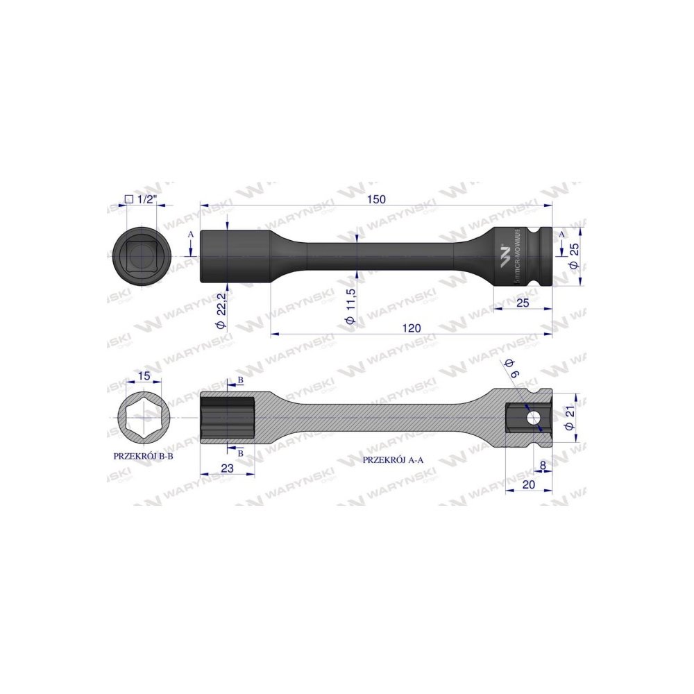 Nasadka udarowa 1/2", sześciokątna slim ze stali CrMo 15mm długość 150 mm, stosowane w mechanice do kluczy udarowych, Waryński
