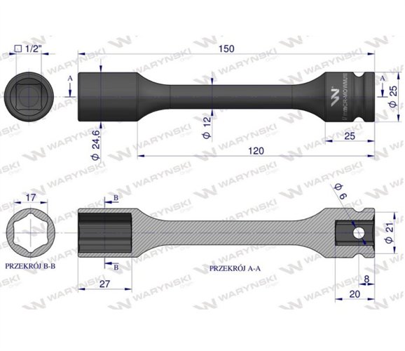 Nasadka udarowa 1/2", sześciokątna slim ze stali CrMo 17mm długość 150 mm, stosowane w mechanice do kluczy udarowych, Waryński